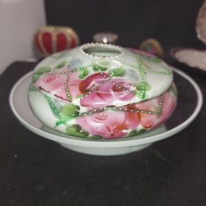 Antique Nippon Hair Receiver Dresser Jar Roses Floral Textured Trinket Box Rings